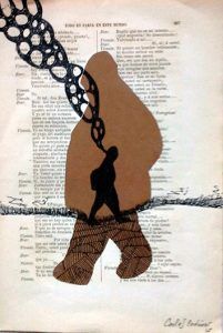 Todo es farsa en este mundo. Tecnica mixta sobre papel antiguo. Ilustración de Carlos Codoner de su colección walking ilustrado por Carlos Codoñer de su colección walking