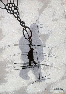 walking 20. tecnica mixta sobre cartón piedra. 33 x 24 cm. Ilustración de carlos codoñer coleeción walking