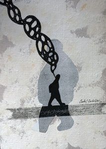 Walking 9. tecnica mixta sobre cartón piedra. 33 x 24 cm. Ilustración de carlos codoñer colección walking