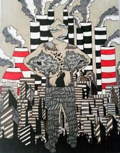 Ciudad insostenible IV. Técnica mixta sobre papel 32 x 22 cm. Ilustrado por el artista Carlos Codoñer