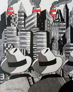 Cuidad insostenible V. Técnica mixta sobre papel. 32 x 22 cm. Ilustración de la colección Hats and Cities de Carlos Codoñer