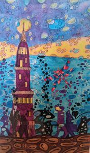 El faro que nunca duerme. Técnica mixta sobre lienzo. 33 x 24 cm. Pintura Pintura de Carlos Codoñer colección Línea de la Vida