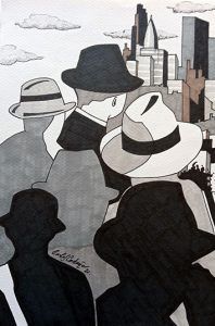 Hats and Cities XI. técnica mixta sobre papel. 32 x 22 cm. ilustración de Carlos Codoñer