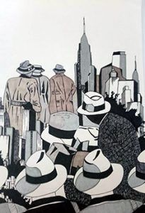 Hats and cities II. técnica mixta sobre papel. ilustración 45 x 32 cm ilustrado por Carlos Codoñer