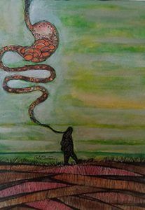 Pensando con el estómago. Técnica mixta sobre tabla. 33 x23 cm. Pintura colección Línea de la Vida de Carlos Codoñer