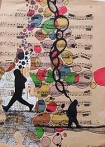 Ilustración de Carlos Codoñer titulada La línea de la vida II. Técnica mixta sobre papel y partituras antiguas