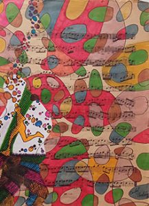Ilustración de Carlos Codoñer Artist. La línea de la vida I. Técnica mixta sobre papel y partituras antiguas